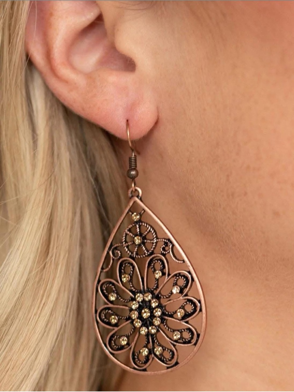 paparazzi Copper Teardrop Filigree Earrings with Golden Accents